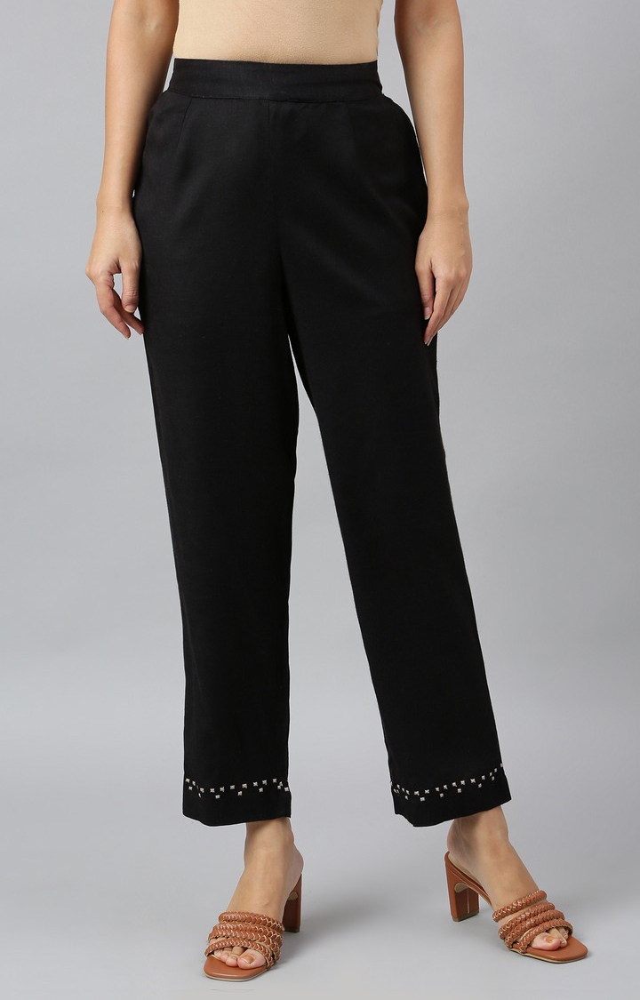 Women's Black Rayon Solid Trousers