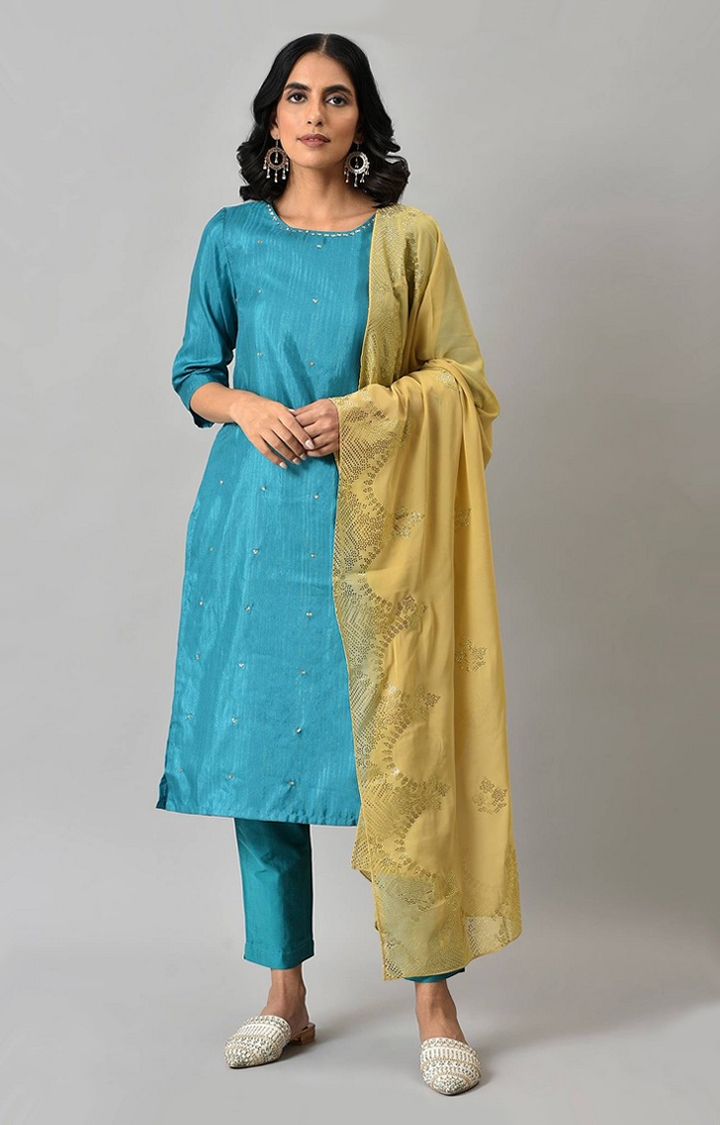 Women's Blue Polyester Solid Ethnic Suit Sets
