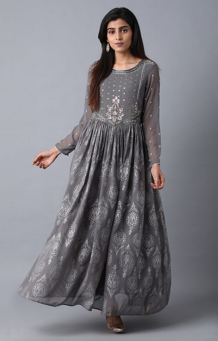 Wishful By W Light Grey Embroidered Ethnic Gown