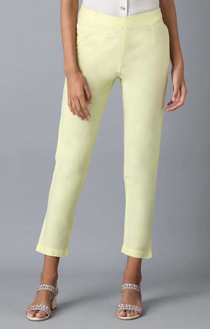 Women's Yellow Viscose Solid Trousers
