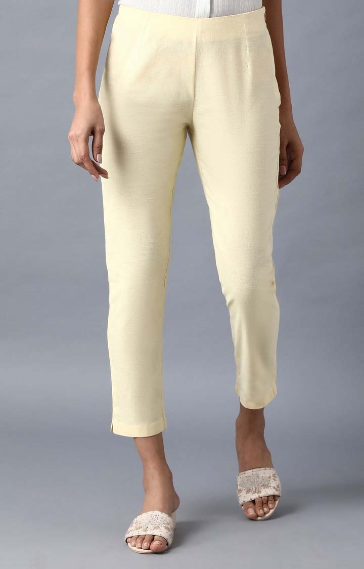 Women's Yellow Cotton Solid Trousers