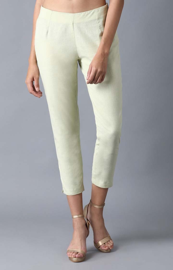 Women's Green Cotton Solid Trousers
