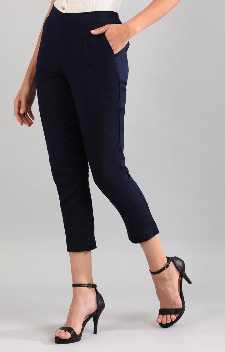 Women's Blue Cotton Blend Solid Trousers
