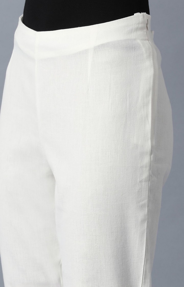 Women's White Cotton Solid Trousers