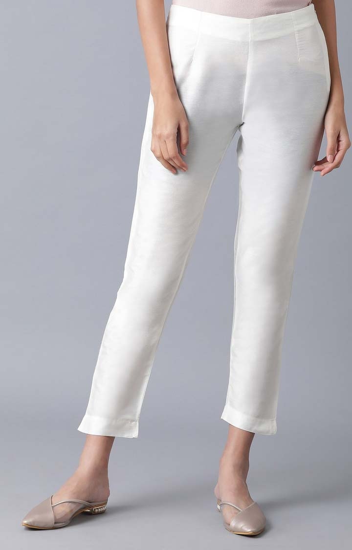 Women's White Viscose Solid Trousers