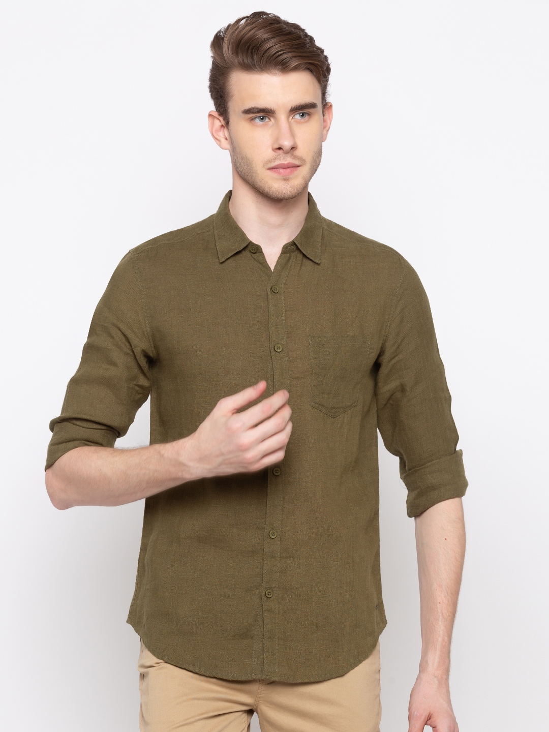 Spykar | spykar Olive Solid Slim Fit Casual Shirt