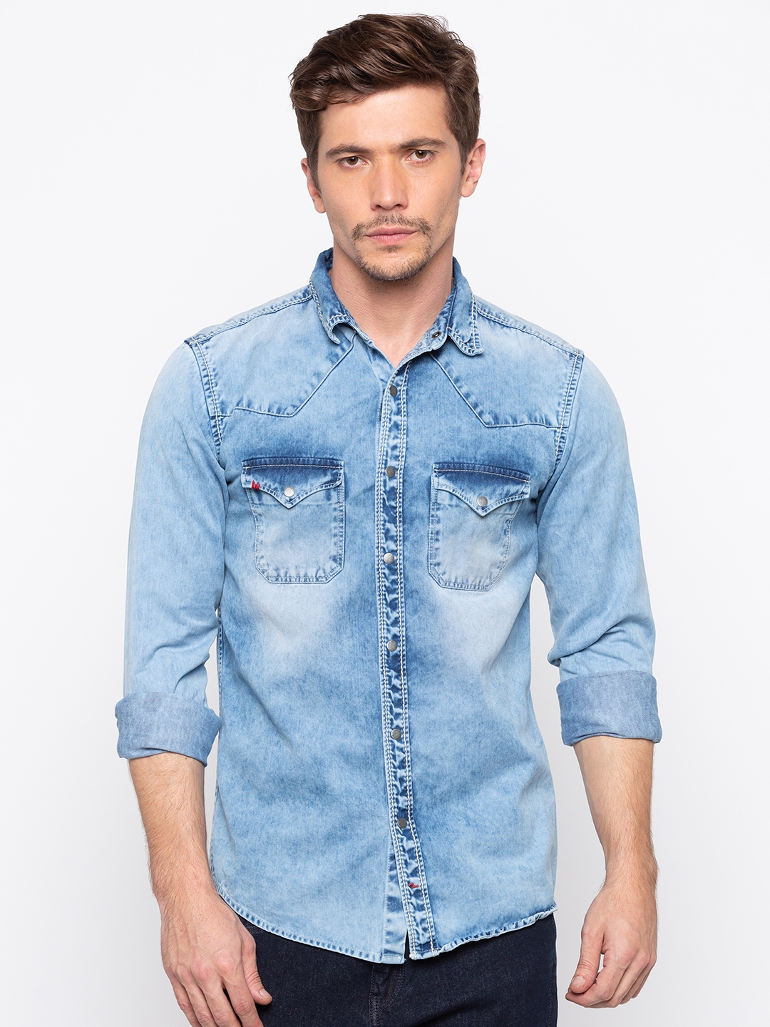 Spykar | spykar Mid Blue Solid Slim Fit Casual Shirt