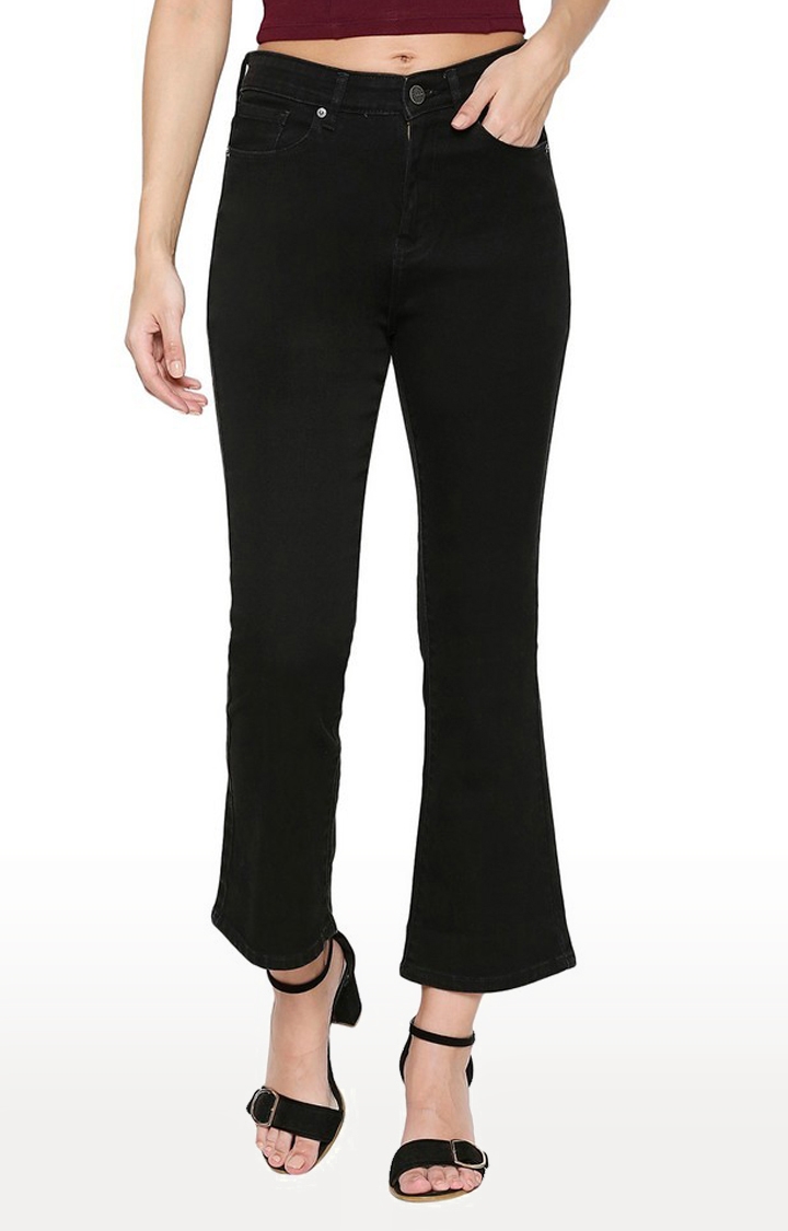 Women's Black Cotton Solid Bootcut Jeans