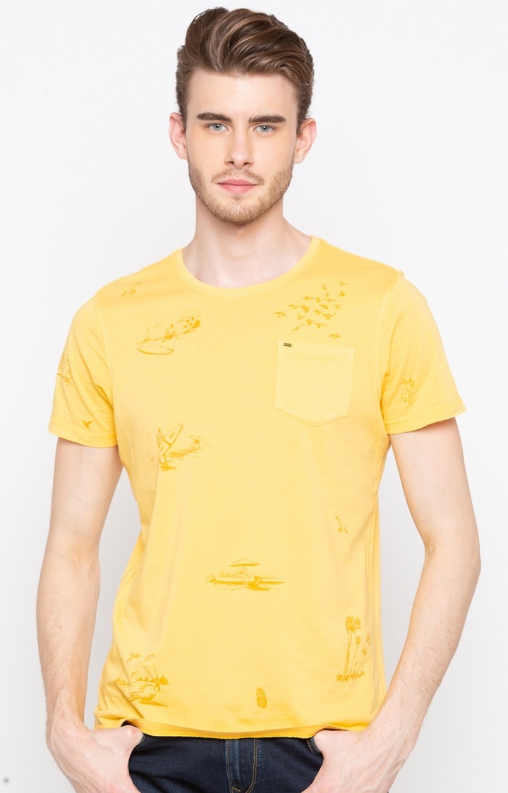 Spykar | Spykar Mustard Printed Slim Fit T-Shirt