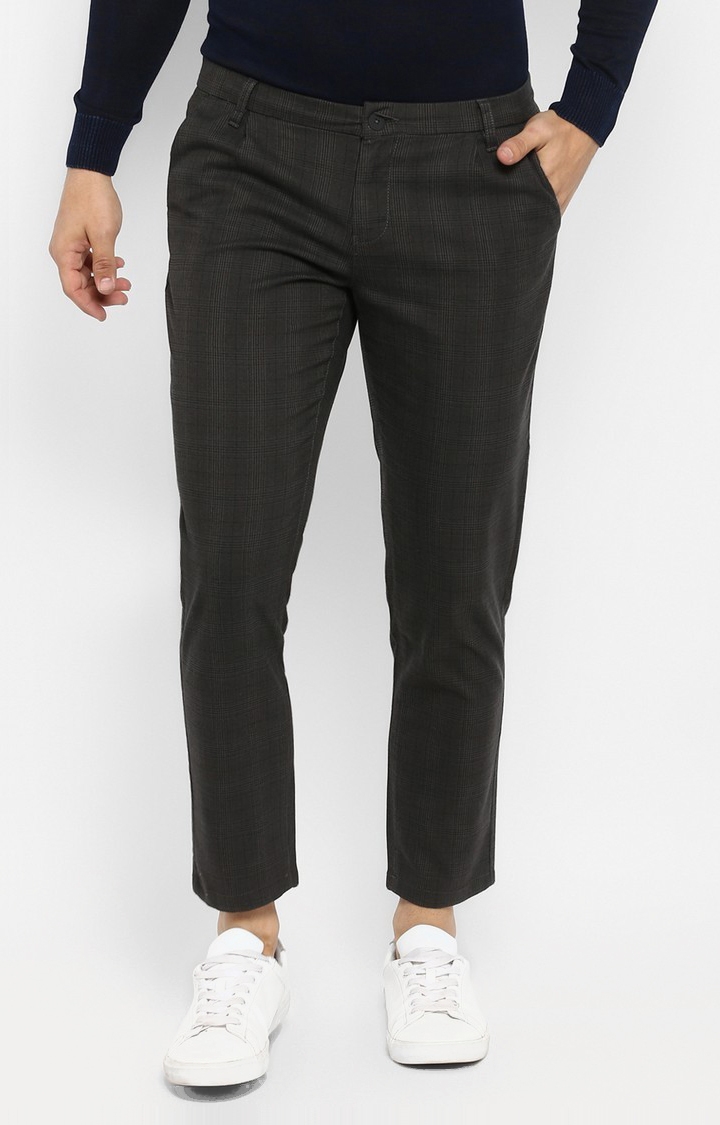 Spykar Olive Checked Slim Fit Trousers