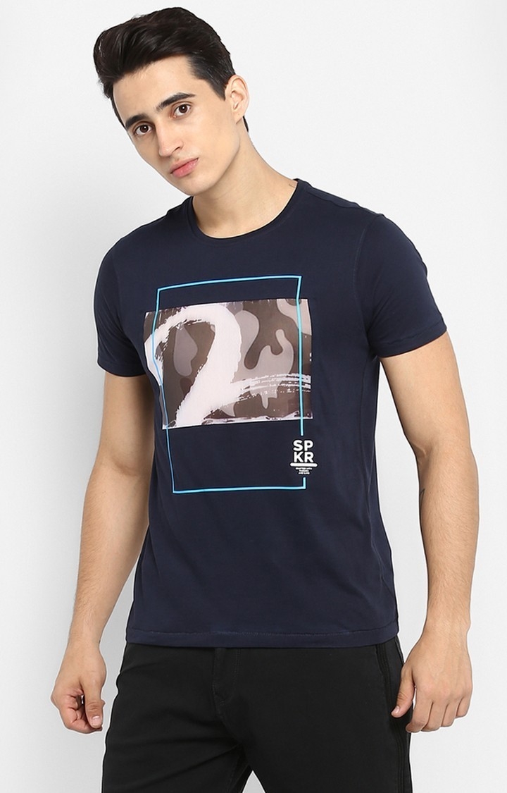 Spykar Navy Blue Printed Slim Fit T-Shirt