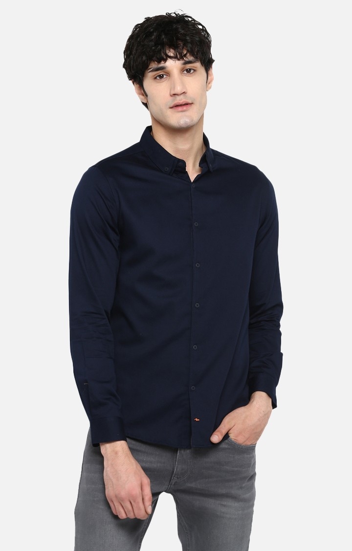 Spykar | Spykar Navy Blue Solid Slim Fit Casual Shirt