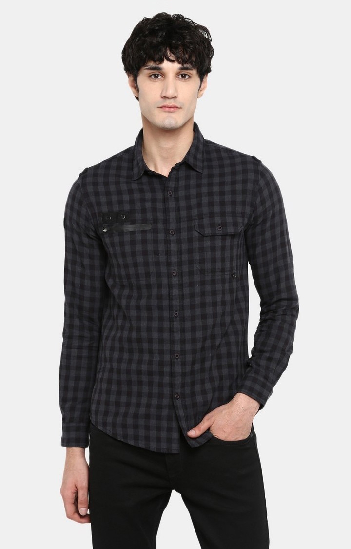 spykar | Men's Black Cotton Checked Casual Shirts
