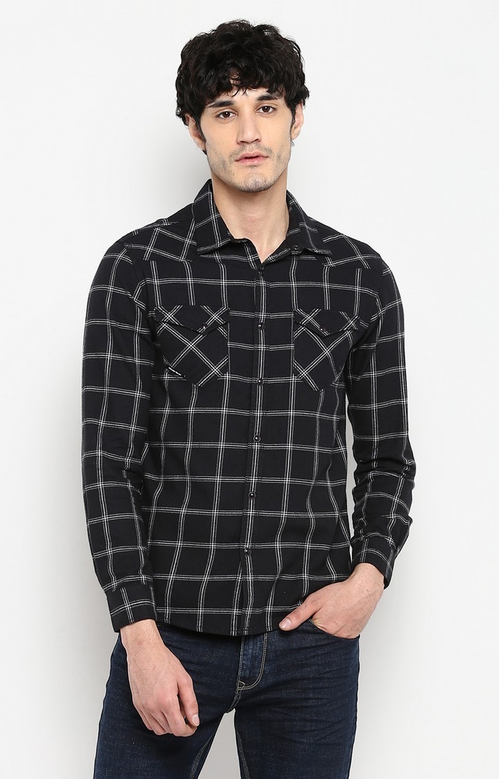 Men's Black Cotton Checked Casual Shirts