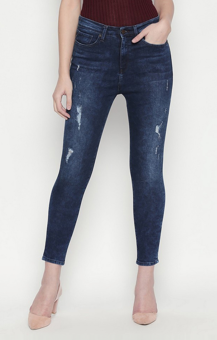 Women's Blue Cotton Ripped Skinny Jeans