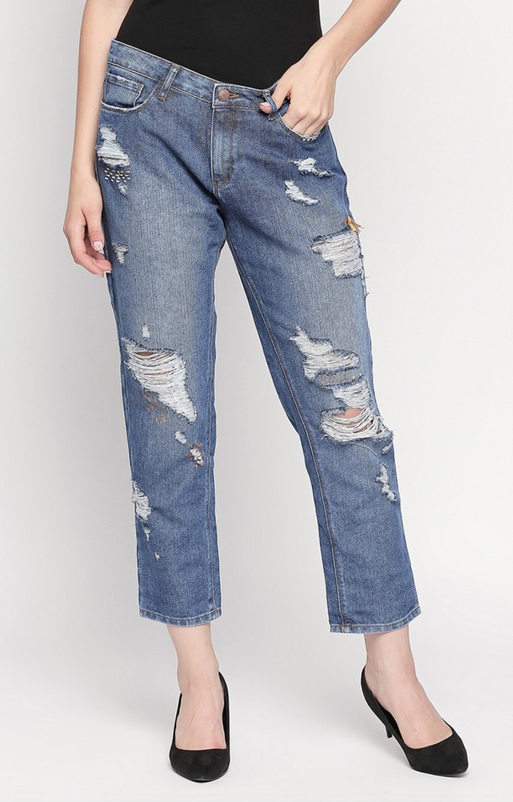 Spykar Mid Blue Ripped High Rise Jeans