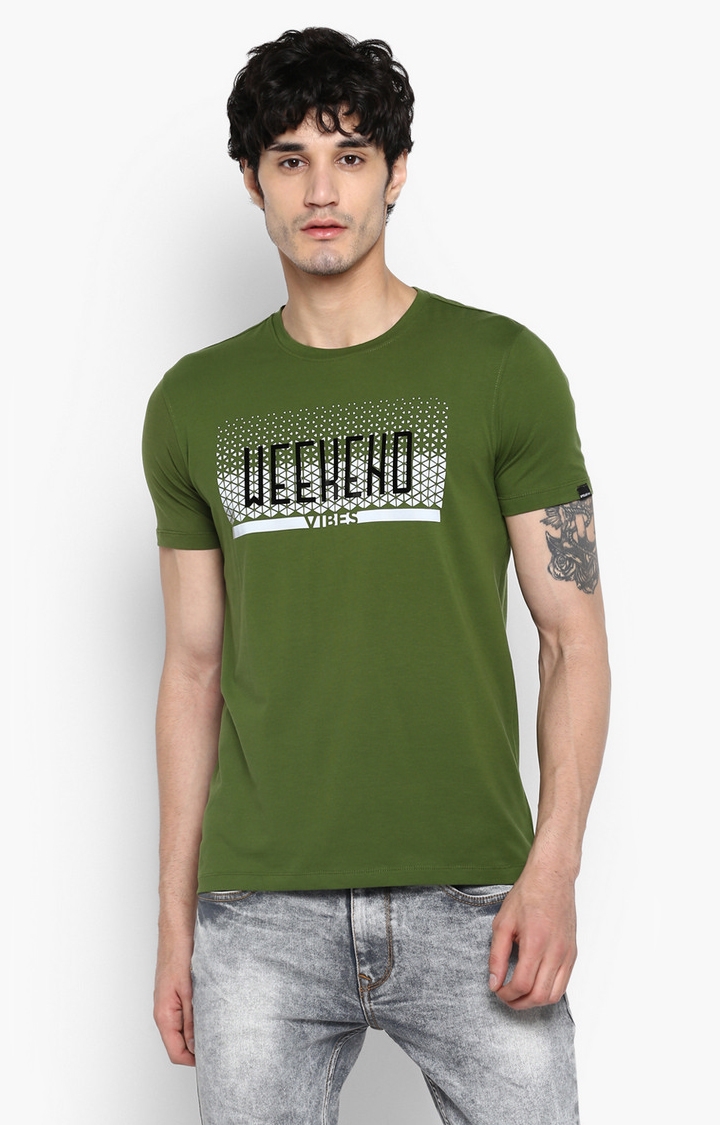 Spykar | Spykar Forest Green Printed Slim Fit T-Shirt