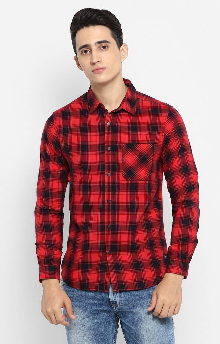 Men's Red Cotton Checked Casual Shirts