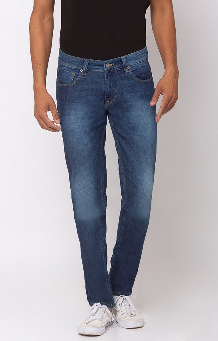 Spykar Blue Cotton Slim Fit Narrow Regular Length Jeans For Men