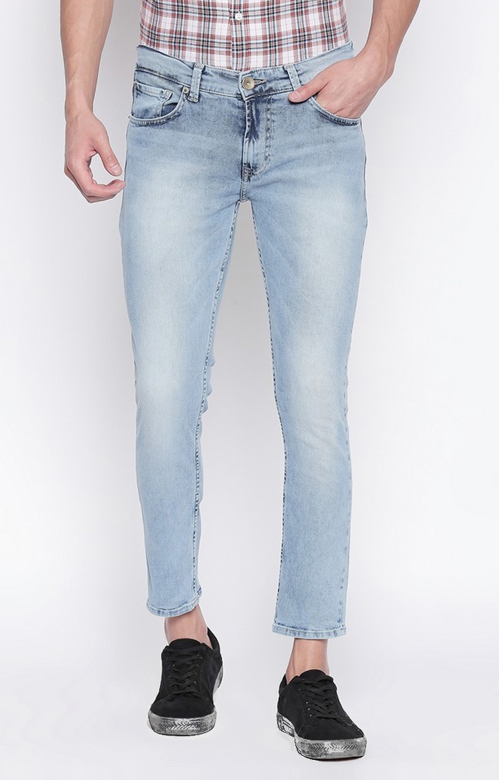 Spykar Blue Cotton Slim Fit Ankle length Jeans For Men