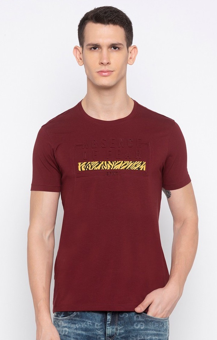 Spykar Maroon Printed T-Shirt