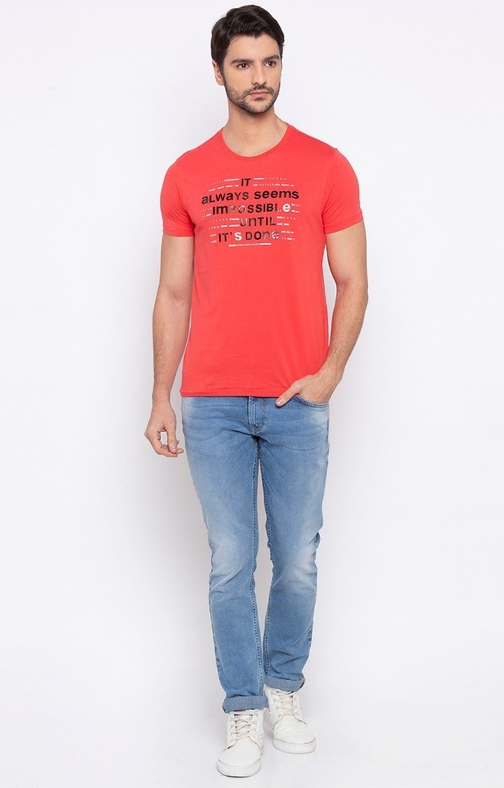 Spykar Deep Coral Printed Slim Fit T-Shirt