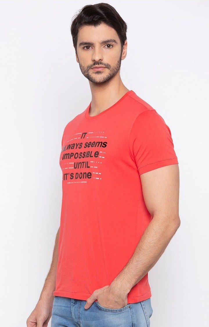 Spykar Deep Coral Printed Slim Fit T-Shirt