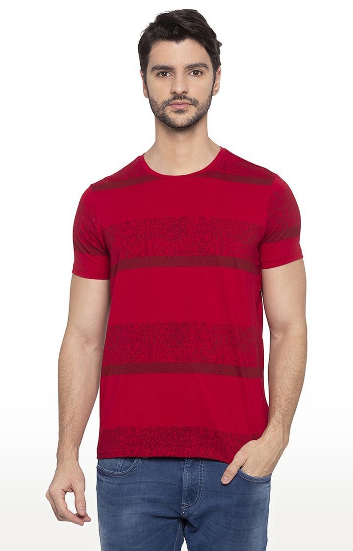 Spykar | Spykar Red Cotton Slim Fit T-Shirt For Men