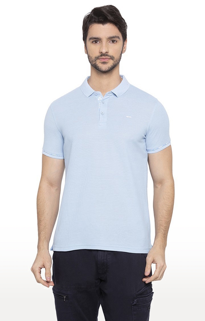 Spykar Blue Cotton Slim Fit Polos T-Shirt For Men
