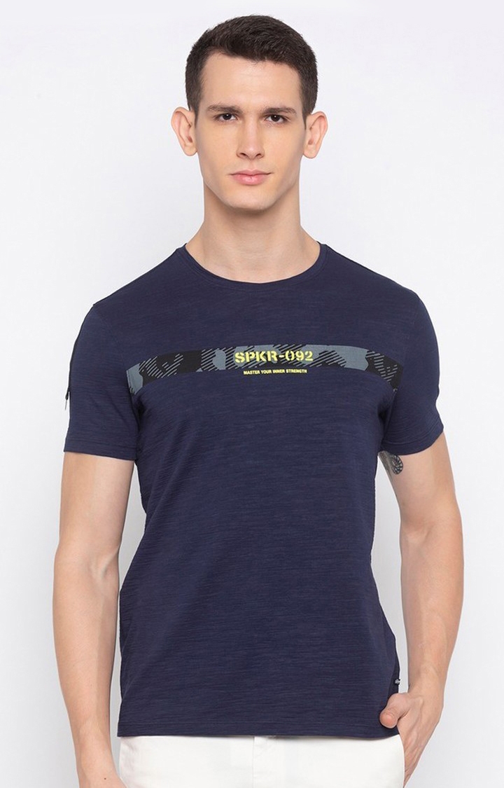 Spykar Navy Blue Solid Slim Fit T-Shirt