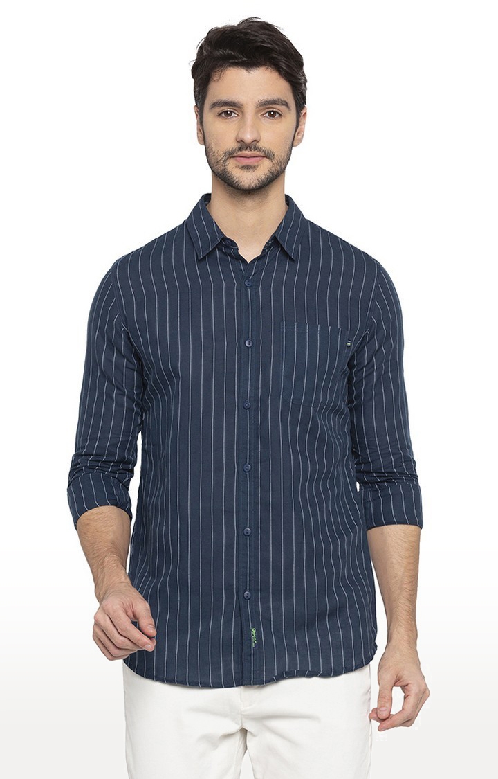 Men's Blue Cotton Blend Striped Casual Shirts