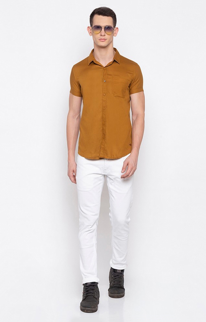 Men's Yellow Cotton Solid Casual Shirts