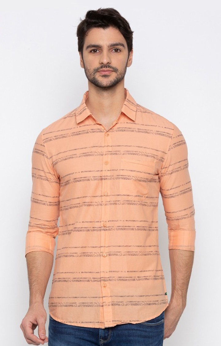 Men's Orange Cotton Striped Casual Shirts