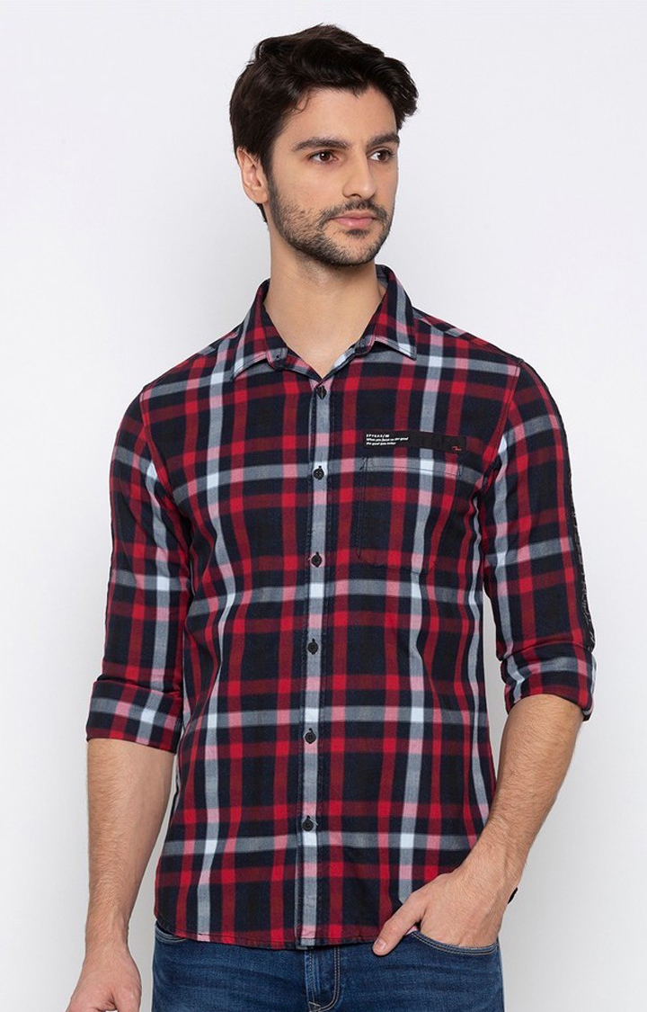 spykar | Men's Red Cotton Checked Casual Shirts