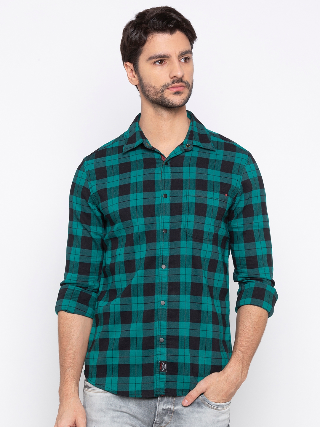 Spykar | spykar Green Checked Slim Fit Casual Shirt