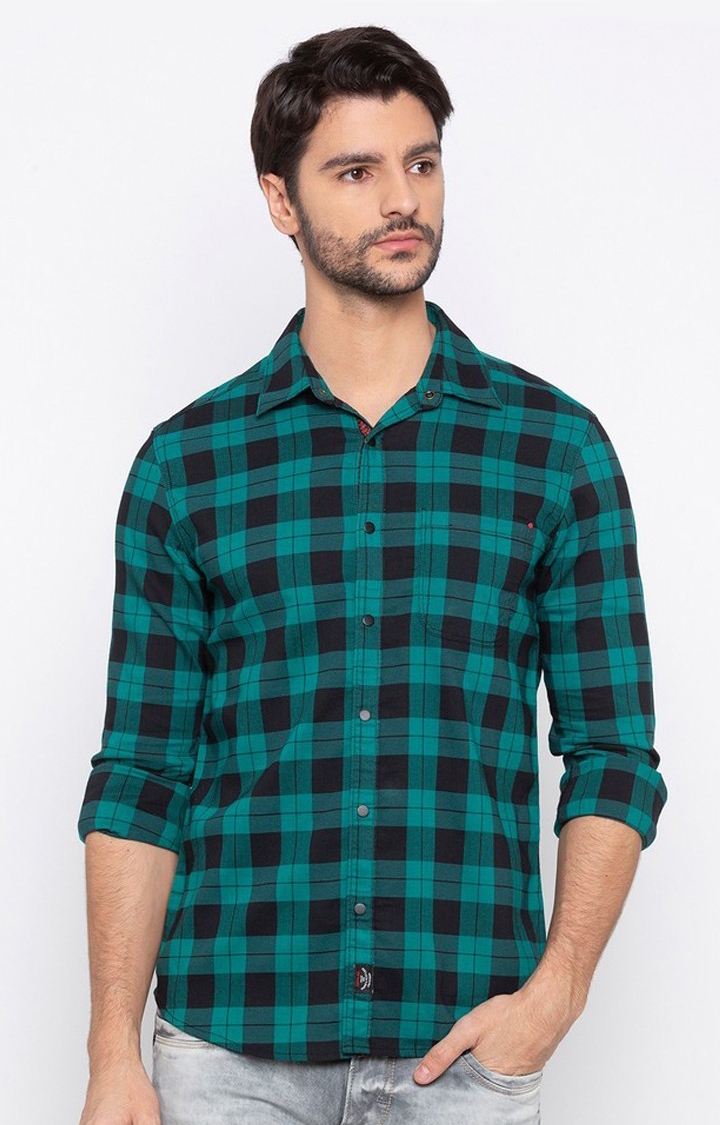 Men's Green Polycotton Checked Casual Shirts