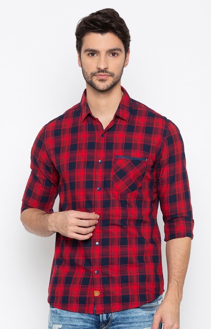 Spykar Red Checked Slim Fit Casual Shirt