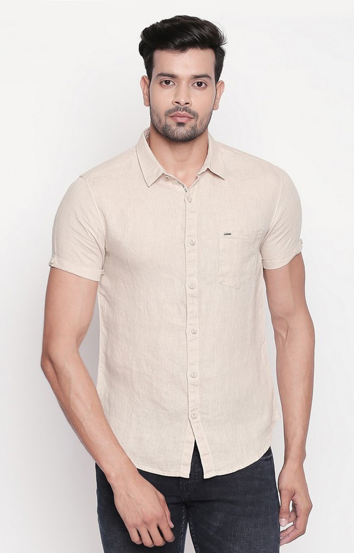 Men's Beige Linen Melange Casual Shirts