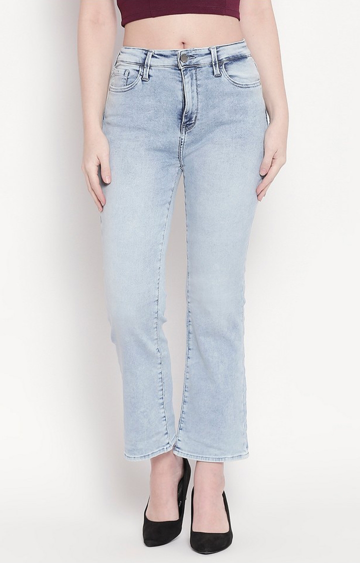 Spykar | Spykar Blue Cotton Flare Fit Ankle Length Jeans For Women