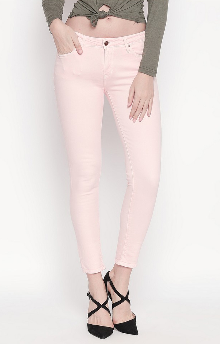 Women's Pink Cotton Solid Skinny Jeans