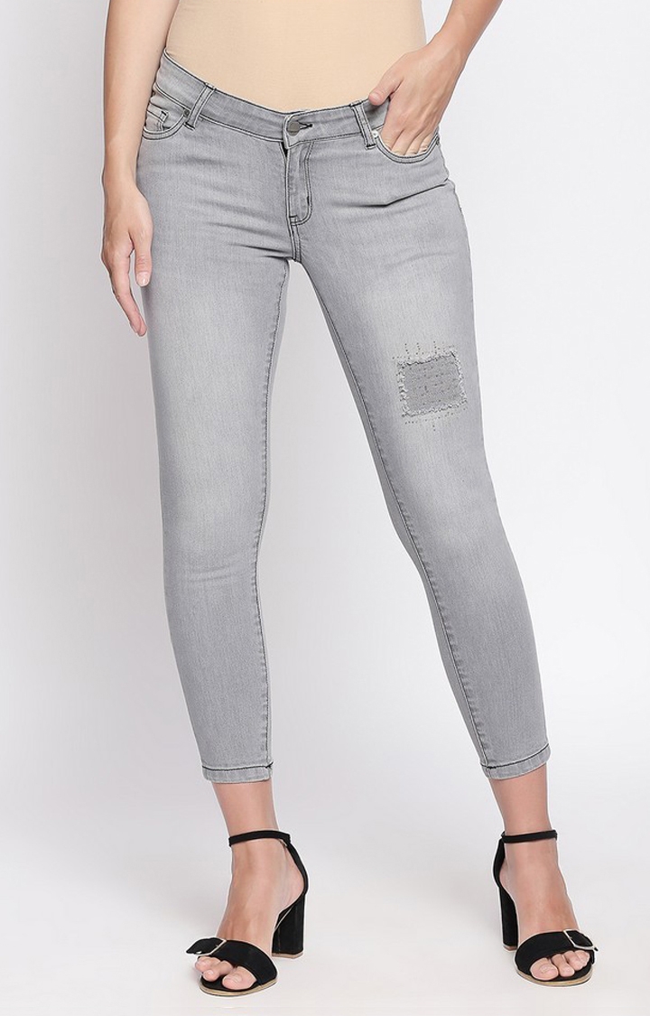 Women's Grey Cotton Ripped Cropped Jeans
