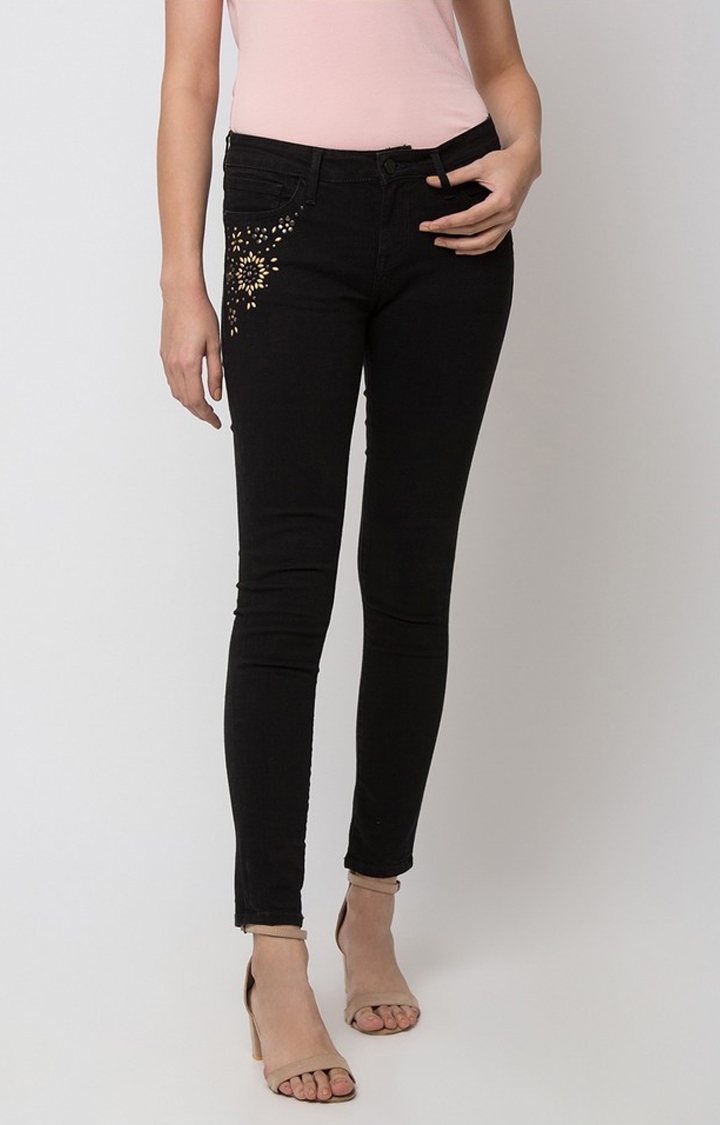 spykar | Women's Black Cotton Solid Skinny Jeans