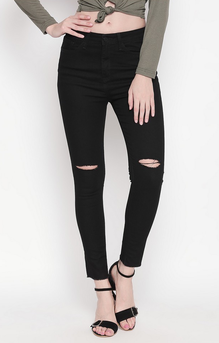 Women's Black Cotton Ripped Tapered Jeans