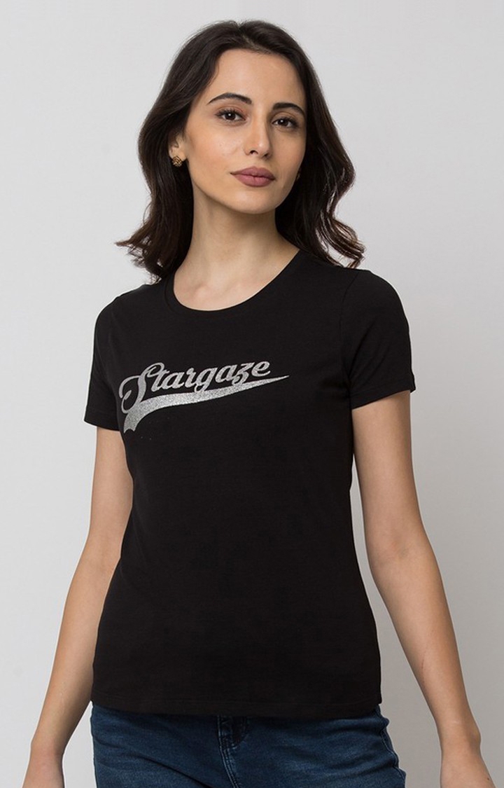 Spykar Cotton Black Typographic T-Shirt