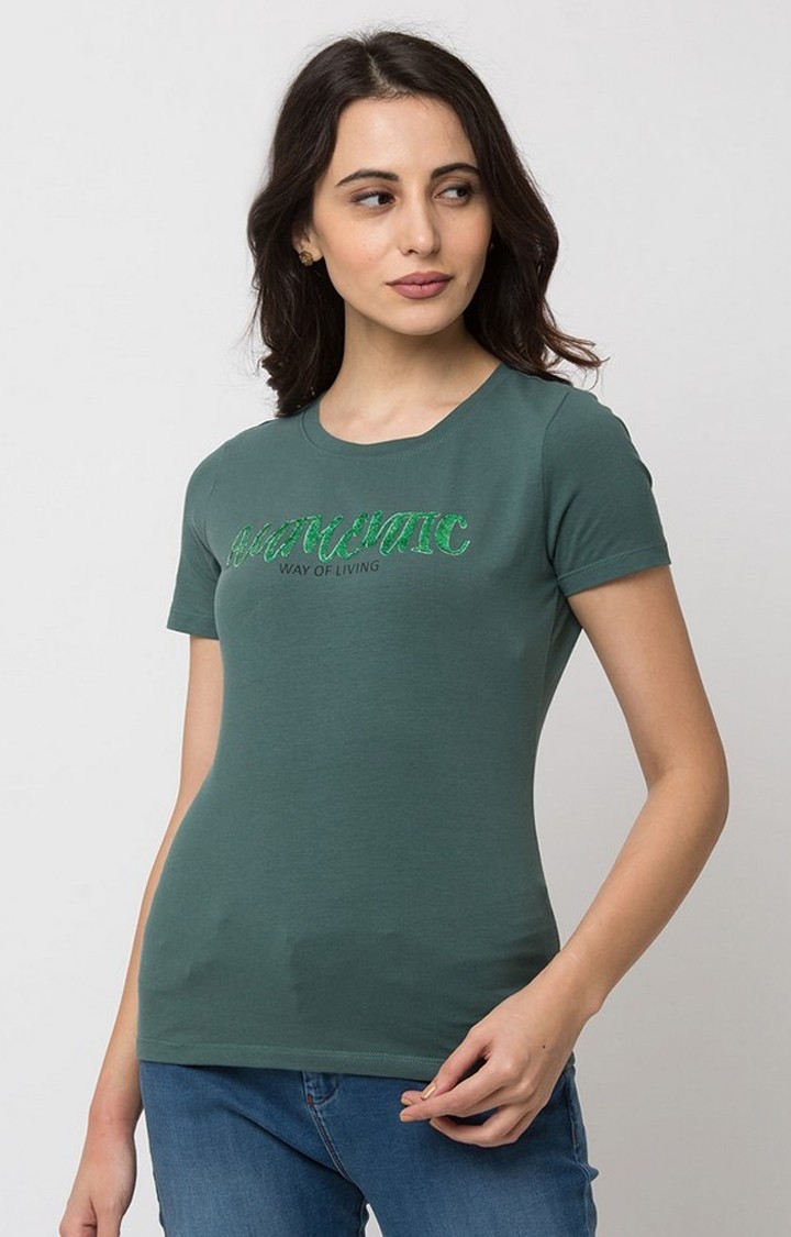 Spykar Green Cotton Regular Fit T-Shirt For Women