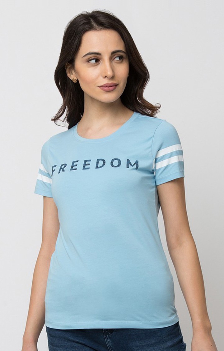 Spykar Blue Lycra Regular Fit T-Shirt For Women
