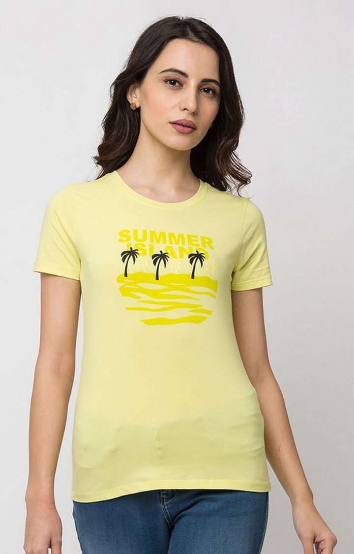 Spykar | Spykar Lemon Yellow Printed Lycra Jersey Regular Length T-Shirt