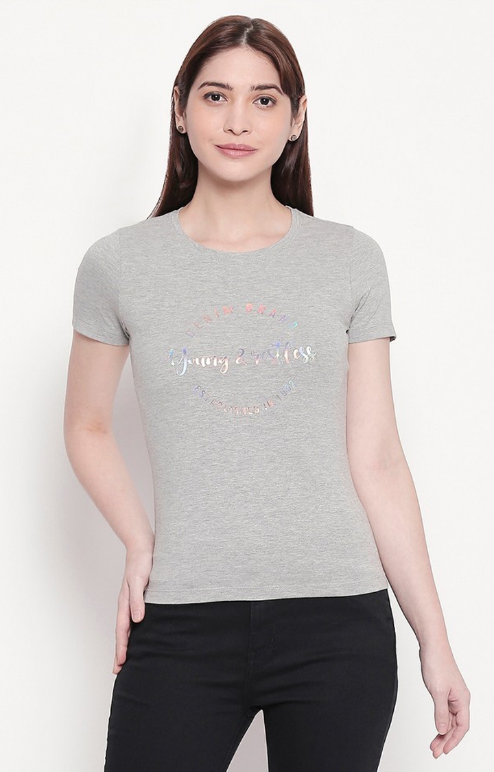 Spykar | Spykar Printed Grey Melange Regular Fit T-Shirt 