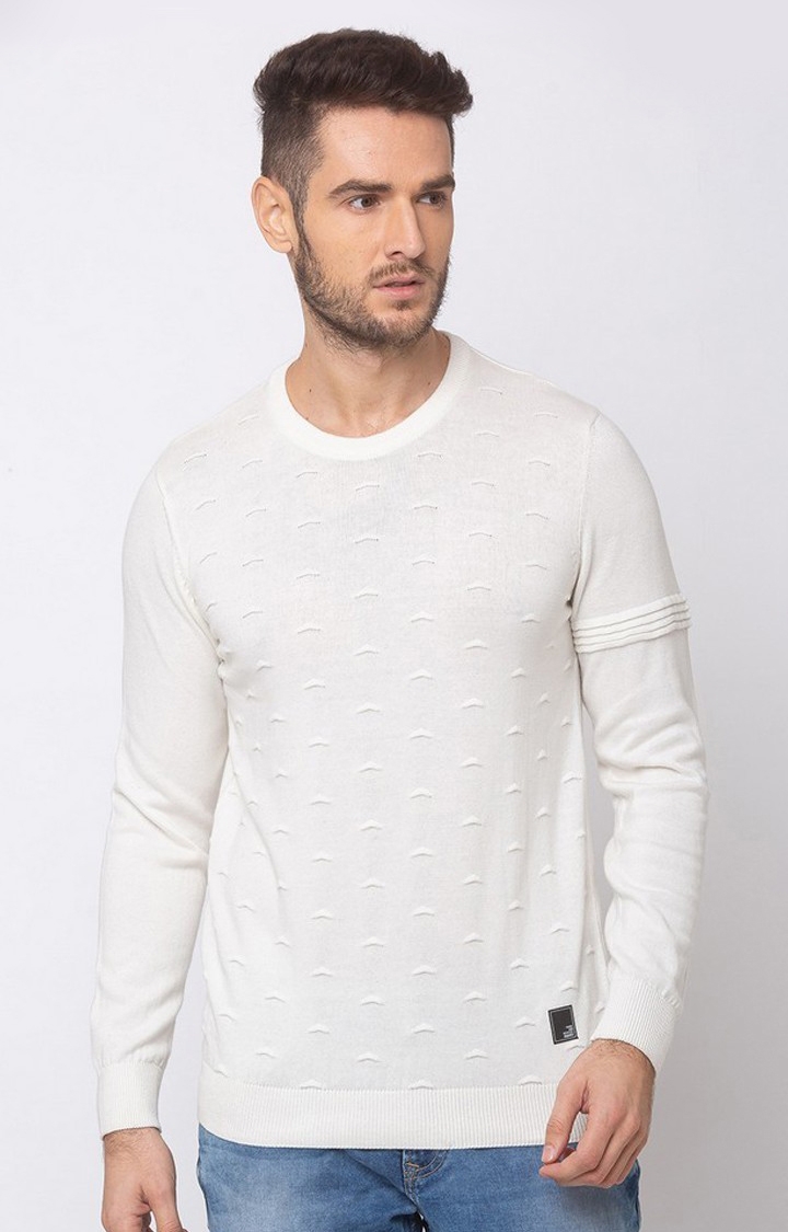 Spykar | Spykar White Cotton Regular Fit Sweater For Men