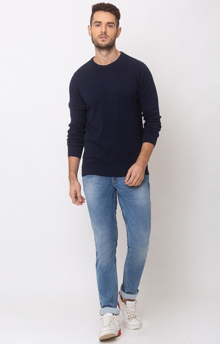 Spykar Blue Cotton Regular Fit Sweater For Men
